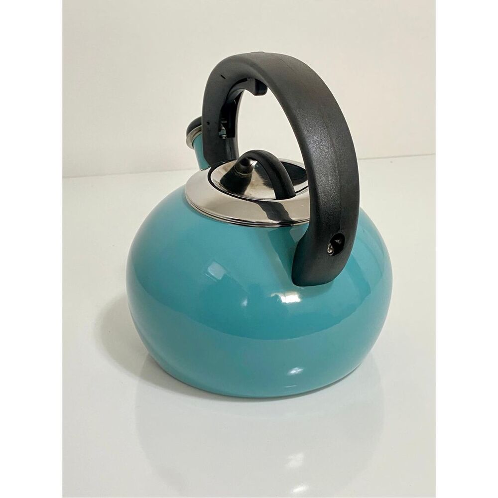 Enamel-on-Steel Whistling Tea Kettle 2.3 Quart Anti-Hot Folding Handle Turquoise - Picture 5 of 8